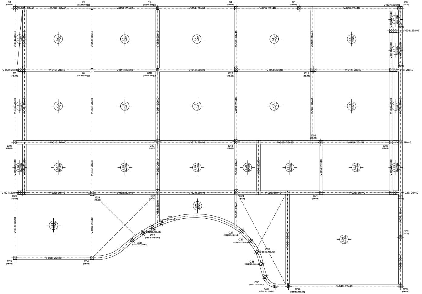 Detalle de grilla estructural — ejes coordinados con FSA